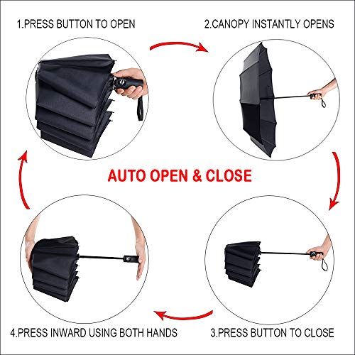 PFFY 2 Packs Travel Umbrella Windproof Auto Open & Close Collapsible Folding Small Compact 10 RIBS Backpack Car travel Essentials Purse Umbrellas for Rain Black+Blue