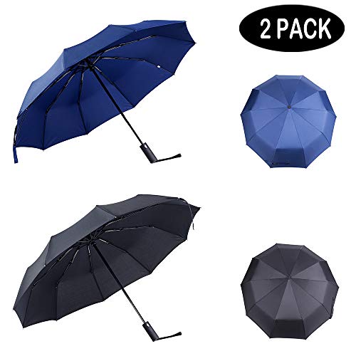 PFFY 2 Packs Travel Umbrella Windproof Auto Open & Close Collapsible Folding Small Compact 10 RIBS Backpack Car travel Essentials Purse Umbrellas for Rain Black+Blue