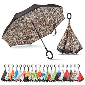sharpty inverted umbrella, umbrella windproof, reverse umbrella, umbrellas for women, upside down umbrella with c-shaped handle (leopard)