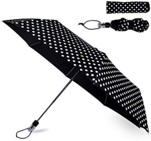 kate spade new york black/white travel umbrella, lightweight compact umbrella with storage sleeve, polka dots