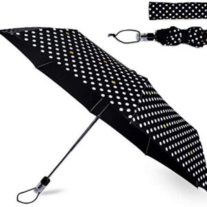 Kate Spade New York Black/White Travel Umbrella, Lightweight Compact Umbrella with Storage Sleeve, Polka Dots