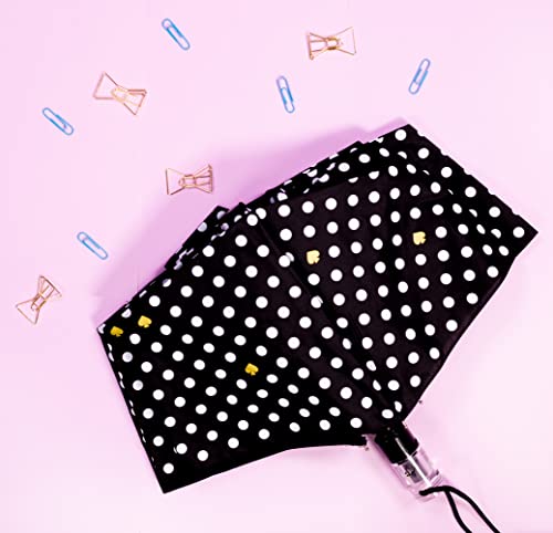Kate Spade New York Black/White Travel Umbrella, Lightweight Compact Umbrella with Storage Sleeve, Polka Dots
