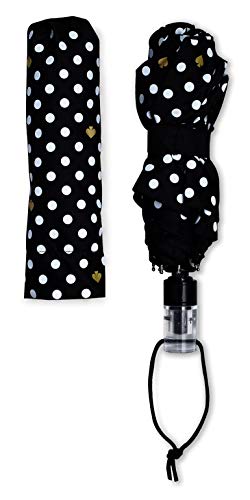 Kate Spade New York Black/White Travel Umbrella, Lightweight Compact Umbrella with Storage Sleeve, Polka Dots