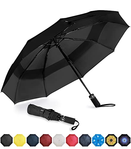 Amazon Brand - Pinzon Umbrella Compact Travel Umbrellas Strong Durable Windproof Umbrella for Rain Portable Umbrella - Reinforced Canopy, Ergonomic Handle, Auto Open/Close - Black