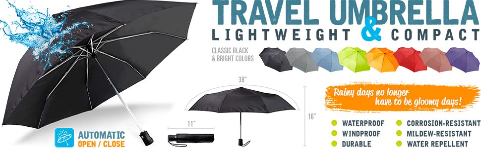 Lewis N. Clark Travel Umbrella: Windproof & Water Repellent Fabric Automatic Open Close , Black