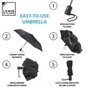 Lewis N. Clark Travel Umbrella: Windproof & Water Repellent Fabric Automatic Open Close , Black