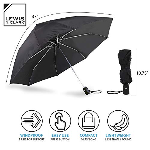 Lewis N. Clark Travel Umbrella: Windproof & Water Repellent Fabric Automatic Open Close , Black