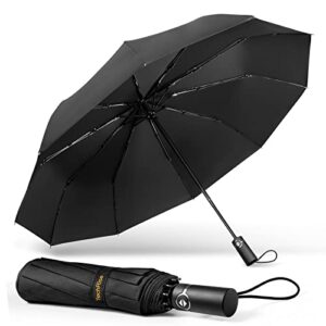techrise large windproof compact umbrella, travel folding umbrellas for rain ladies automatic open close strong wind proof rain resistant with 10 ribs waterproof umbrella collapsible for men women