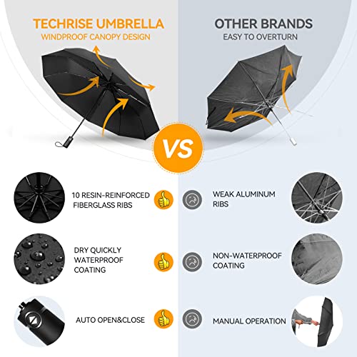 TechRise Large Windproof Compact Umbrella, Travel Folding Umbrellas for Rain Ladies Automatic Open Close Strong Wind Proof Rain Resistant with 10 Ribs Waterproof Umbrella Collapsible for Men Women