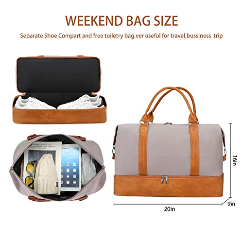 Weekend bag for Women Overnight Bag Large Travel Bag Carry on Weekend Duffle Bag with Shoe Compartment Fit Perfect for Travel Business Gift(Grey Canvas)