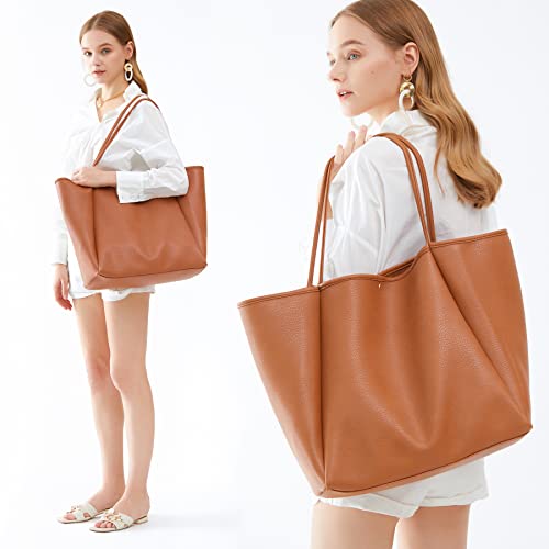 Oversize Vegan Leather Tote Women Weekender Bag Shopper Handbag Travel Purse (Brown)