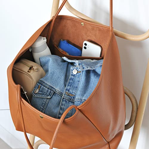 Oversize Vegan Leather Tote Women Weekender Bag Shopper Handbag Travel Purse (Brown)