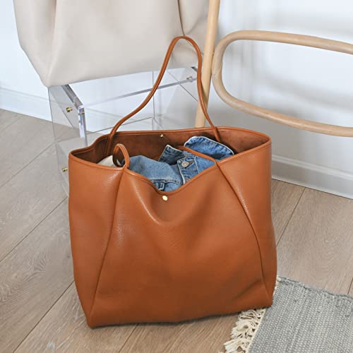 Oversize Vegan Leather Tote Women Weekender Bag Shopper Handbag Travel Purse (Brown)