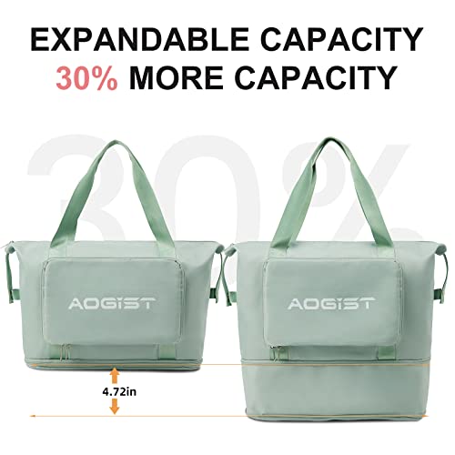 Weekender Bag for Women, Heavy Duty Travel Tote Bag Sports Gym Bag Foldable Carry On Bag Large Overnight Bag with Wet Pocket Hospital Bag for Labor and Delivery - Green