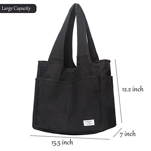 KYALOU Utility Large Tote Bag, Top Zipper Closure, Women Casual Shoulder Bags with 8 Pockets for Work School Travel Shopping Grocery Gym Pool Beach (Black)