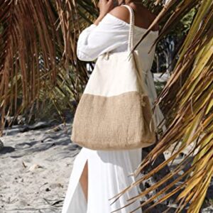 Large Beach Bag - woven beach bag - Canvas and Jute boho Tote Summer Shoulder Bag -Travel tote