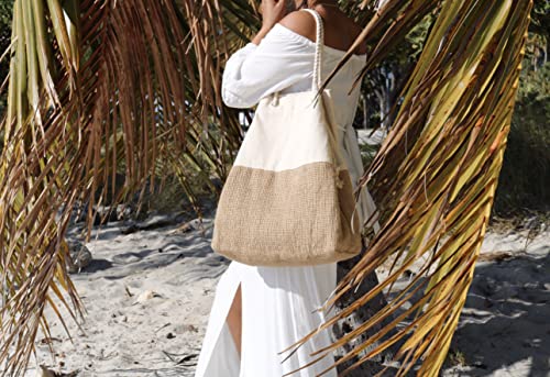 Large Beach Bag - woven beach bag - Canvas and Jute boho Tote Summer Shoulder Bag -Travel tote