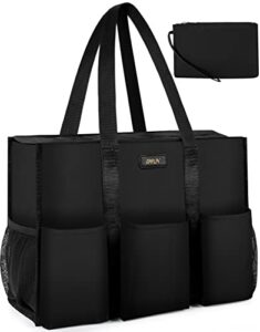ibfun utility tote bag with 14 exterior interior pockets zip top teacher tote bag for teacher/student/work women(medium)