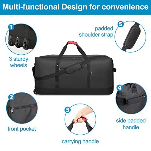 Finnhomy 120L Foldable Rolling Duffel Bag with 3 Wheels, Light Weight Travel Duffel bag with Large Loading Capacity, 32 inch Rolling Duffel bag with Shoulder Strap for Travel Camping Sports