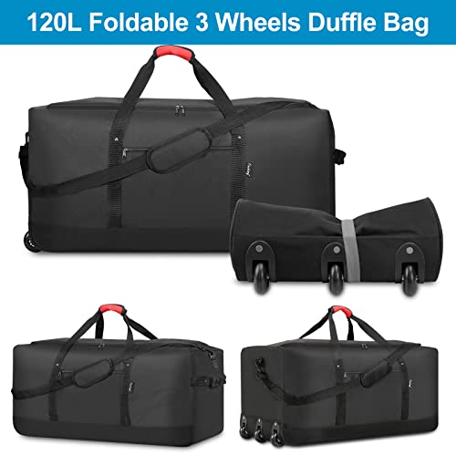 Finnhomy 120L Foldable Rolling Duffel Bag with 3 Wheels, Light Weight Travel Duffel bag with Large Loading Capacity, 32 inch Rolling Duffel bag with Shoulder Strap for Travel Camping Sports