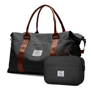 travel duffel bag with toiletry bag, sports tote gym bag, shoulder weekender overnight bag for women,black & brown