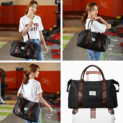 Travel Duffel Bag with Toiletry Bag, Sports Tote Gym Bag, Shoulder Weekender Overnight Bag for Women,Black & Brown