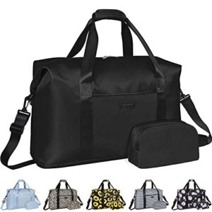 expandable travel duffle bag, large weekender overnight bags for women men 20.5 inch waterproof carry on shoulder tote bags for hospital maternity mommy gym with toiletry bag black