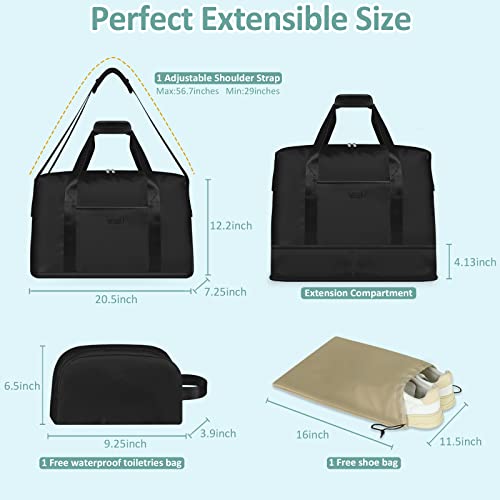 Expandable Travel Duffle Bag, Large Weekender Overnight Bags for Women Men 20.5 Inch Waterproof Carry on Shoulder Tote Bags for Hospital Maternity Mommy Gym with Toiletry Bag Black