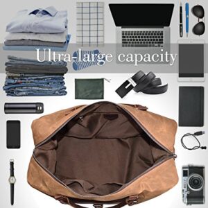 Oversized Travel Duffel Bag Waterproof Canvas Genuine Leather Weekend bag Weekender Overnight Carryon Hand Bag Brown