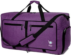 bago travel duffel bags for traveling women & men- foldable weekender bag – 80l 27″ large duffle bag for travel & camping bag – packable lightweight overnight luggage bag (snowdeppurple)