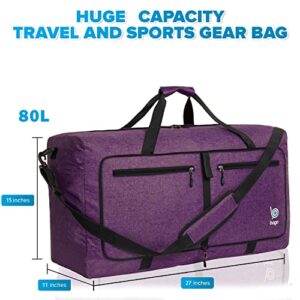 Bago Travel Duffel Bags for Traveling Women & Men- Foldable Weekender Bag - 80L 27" Large Duffle Bag For Travel & Camping Bag - Packable Lightweight Overnight Luggage bag (SnowDepPurple)