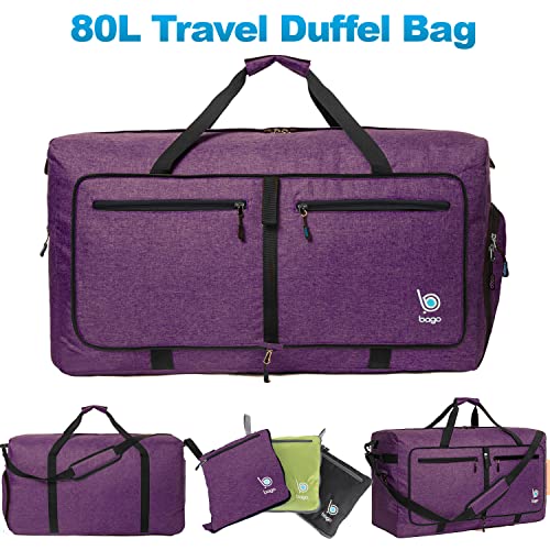 Bago Travel Duffel Bags for Traveling Women & Men- Foldable Weekender Bag - 80L 27" Large Duffle Bag For Travel & Camping Bag - Packable Lightweight Overnight Luggage bag (SnowDepPurple)