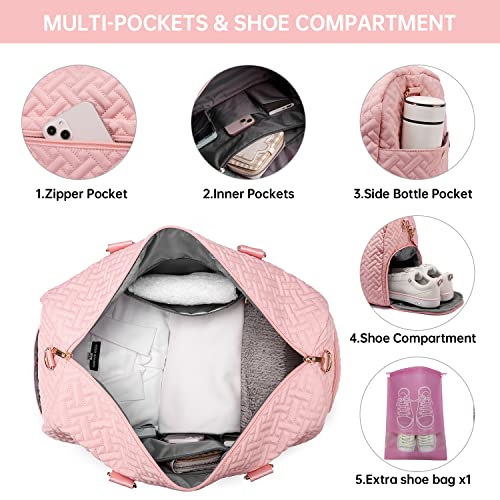Duffle Bag for Travel, Weekender Bag with Shoe Compartment, Carry On Overnight Bag for Women with Toiletry Bag, Gym Bag with Wet Pocket, Hospital Bags for Labor and Delivery Pink