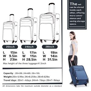 Coolife Luggage 3 Piece Set Suitcase Spinner Softshell lightweight (blue+sliver)