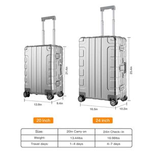 Bamboo Wolf 24-inch Aluminum-Magnesium Alloy Carry-on Luggage Hardside Suitcase, Built-In TSA Lock, Zipperless Fashion with Spinner Wheels for Travel / Business, Silver