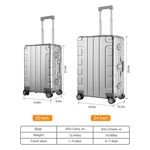 Bamboo Wolf 24-inch Aluminum-Magnesium Alloy Carry-on Luggage Hardside Suitcase, Built-In TSA Lock, Zipperless Fashion with Spinner Wheels for Travel / Business, Silver