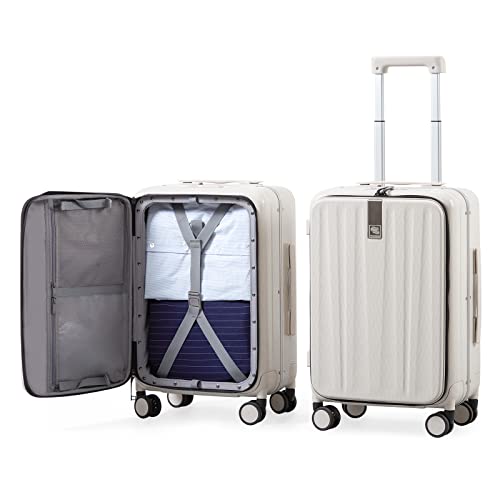 Hanke Carry On Luggage, Suitcase with Wheels & Front Opening, 20in Spinner Luggage Built in TSA Aluminum Frame PC Hardside Rolling Suitcases Travel Bag - Ivory white