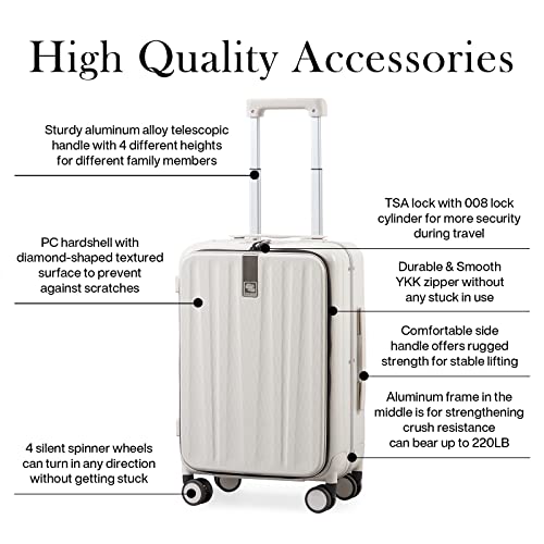 Hanke Carry On Luggage, Suitcase with Wheels & Front Opening, 20in Spinner Luggage Built in TSA Aluminum Frame PC Hardside Rolling Suitcases Travel Bag - Ivory white
