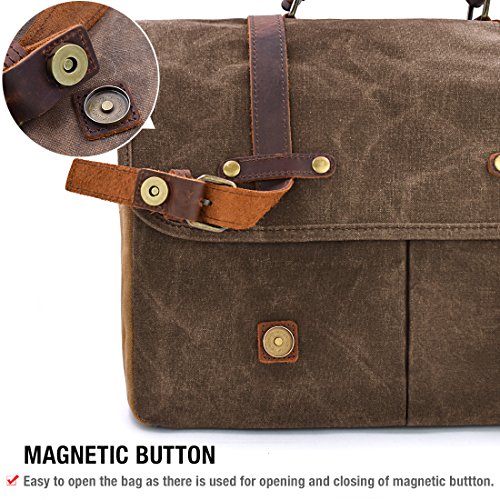 Mens Messenger Bag 15.6 Inch Waterproof Vintage Genuine Leather Waxed Canvas Briefcase Large Leather Computer Laptop Bag Rugged Satchel Shoulder Bag, Brown