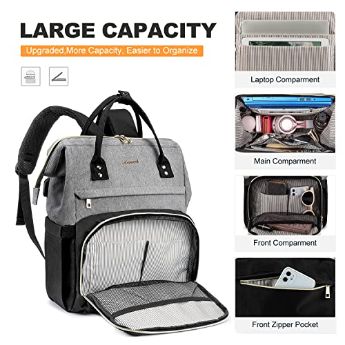 LOVEVOOK Laptop Backpack for Women Fashion Business Computer Backpacks Travel Bags Purse Student Bookbag Teacher Doctor Nurse Work Backpack with USB Port, Fits 17-Inch Laptop Grey Black
