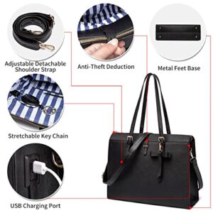 Keyli Laptop Tote Bag for Women Christmas Gifts Waterproof Leather Work Laptop Briefcase with Built-in USB Charging Port Computer Shoulder Bags Fits 15.6 Inch, Business Handbag Purse 4pcs Set Black