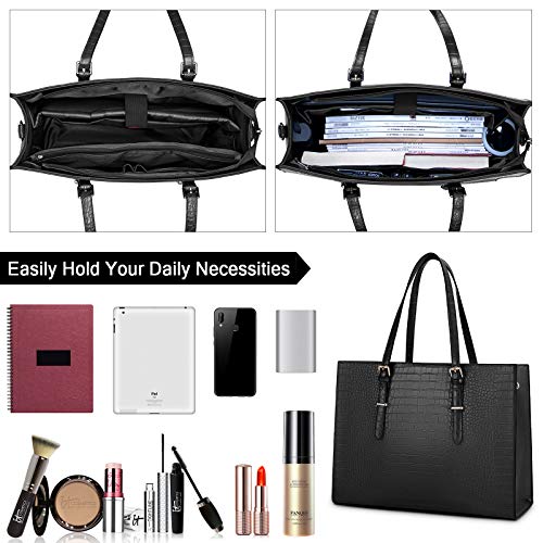 Laptop Bag for Women 15.6 inch Laptop Tote Bag Leather Classy Computer Briefcase for Work Waterproof Handbag Professional Shoulder Bag Women Business Office Bag Large Capacity Black