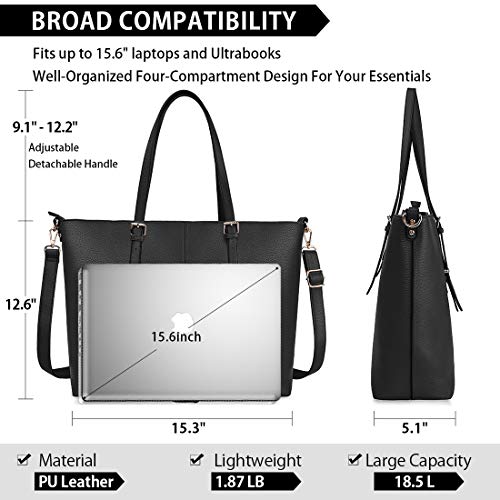 Laptop Tote Bag for Women 15.6 Inch Waterproof Lightweight Leather Computer Laptop Bag Women Business Office Work Bag Briefcase Large Travel Handbag Shoulder Bag Black