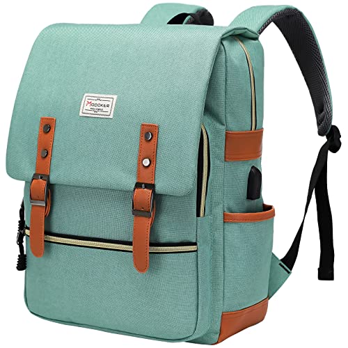 Modoker Vintage Women Laptop Backpack with USB Charging Port, School College Backpack for Women Men Fashion Backpack Fits 15.6Inch Notebook, Slim Casual Travel Daypack Bookbag Green