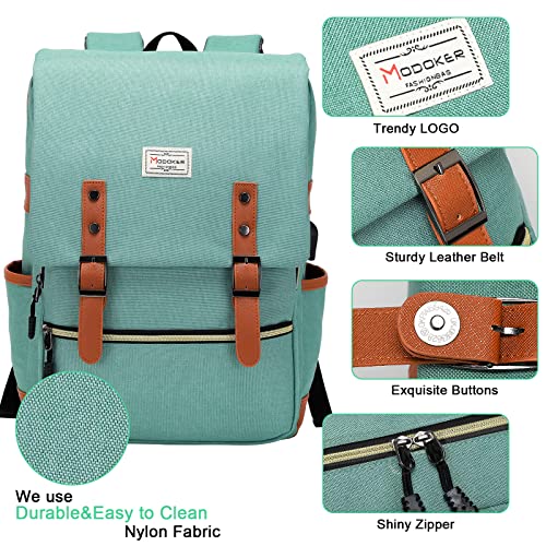 Modoker Vintage Women Laptop Backpack with USB Charging Port, School College Backpack for Women Men Fashion Backpack Fits 15.6Inch Notebook, Slim Casual Travel Daypack Bookbag Green