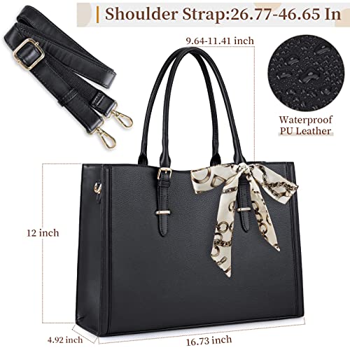 Laptop Bag for Women 15.6 inch Waterproof Laptop Tote Work Bag Leather Computer Tote Briefcase Bag Office Professional Large Capacity Handbag School Shoulder Bag Black