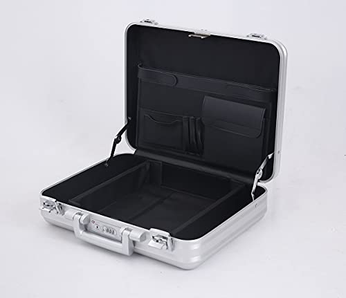 urecimy Medium 18.1X13.8X4.5 Inch Combination TSA Lock Aluminum Briefcase Metal Toolbox Cash Case 15.6 Inch Notebook Briefcase with Foam Silver