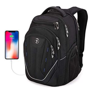 swissdigital terabyte tsa-friendly water-resistant large backpack, business laptop backpack for men with usb charging port/rfid protection big school bookbag fits up to 15.6″ travel laptop backpack