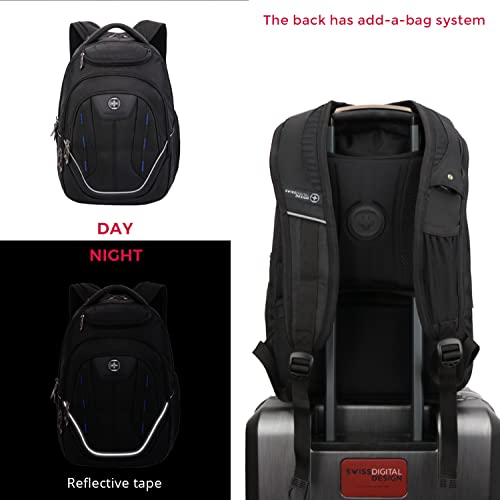 Swissdigital Terabyte TSA-Friendly Water-Resistant Large Backpack, Business Laptop Backpack for Men with USB Charging Port/RFID Protection Big School Bookbag Fits up to 15.6" Travel Laptop Backpack