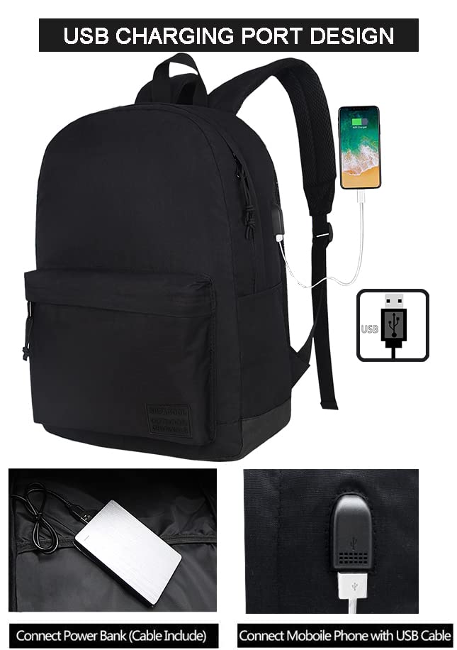 SUPACOOL Lightweight Casual Laptop Backpack with USB Charging Port For for Men and Women, School Bookbag for College (Full Black)